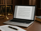 A laptop displaying a document next to a pen and balance scale on a wooden desk.