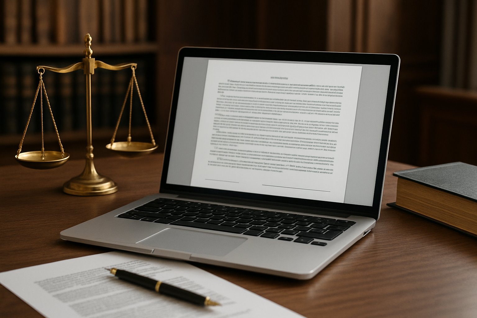 A laptop displaying a document next to a pen and balance scale on a wooden desk.